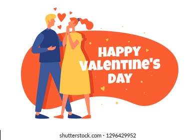 Romantic couple of lovers met on Valentine's Day. Template of the poster, postcard, for print and web projects. Vector flat illustration.