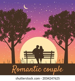 Romantic Couple lovers on bench in park, under trees. Sunset, night, stars. Vector Happy Valentines Day illustration, silhouette