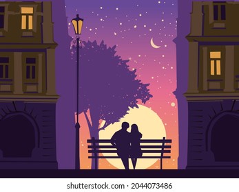 Romantic Couple lovers on bench in the city, under tree, buildings, lantern. Sunset, night, stars. Vector Happy Valentines Day illustration, silhouette