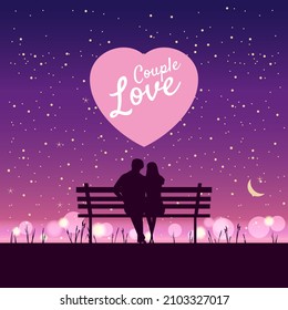 Romantic Couple lovers on bench in park, under trees. Sunset, night, stars. Vector Happy Valentines Day illustration, silhouette