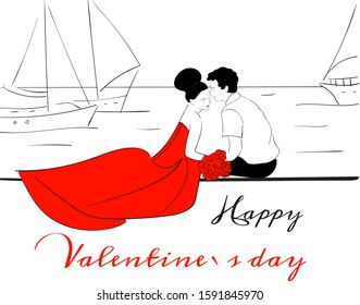 Romantic couple of lovers seat on a seacoast. Yachts on the background. Valentines day vector illustration. 