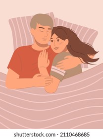 Romantic couple lying in the bed and embracing. Top view. Flat vector illustration