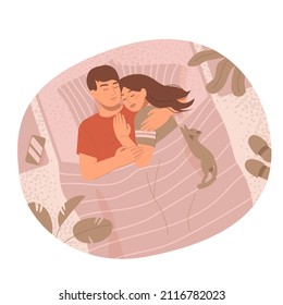 Romantic couple lying in the bed and embracing. Top view. Flat vector illustration