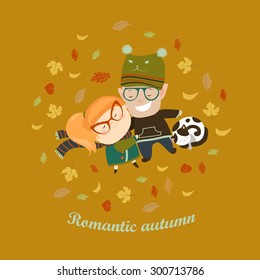 Romantic couple lying on grass among the fallen leaves. Vector illustration