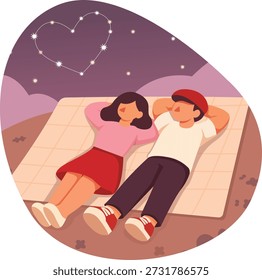Casal romântico deitado em um cobertor de piquenique olhando para uma constelação em forma de coração no céu noturno. Uma adorável ilustração vetorial plana isométrica para o Dia dos Namorados.