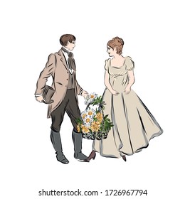 Romantic couple. Man gives to woman basket of flowers. Happy cheerful family. Vintage people. Bouquet with daisies and chrysanthemums. Gentleman and lady standing together isolated on white background