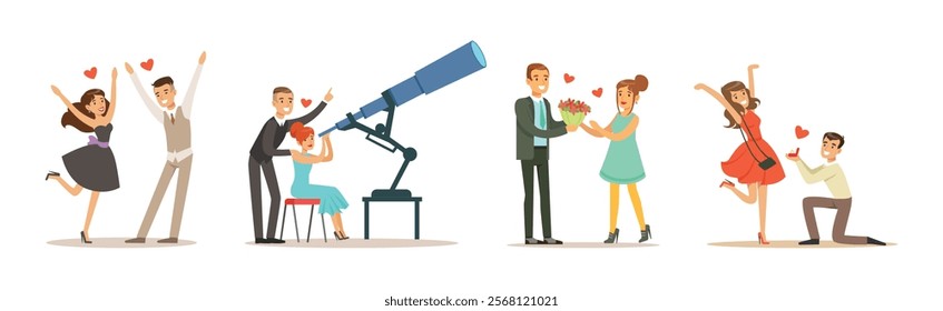 Romantic Couple of Man and Woman Dating Vector Set