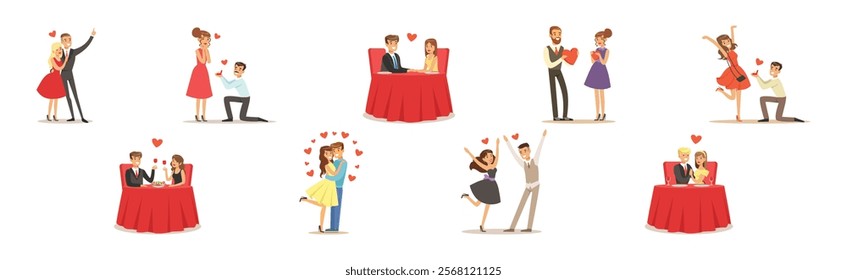 Romantic Couple of Man and Woman Dating Vector Set