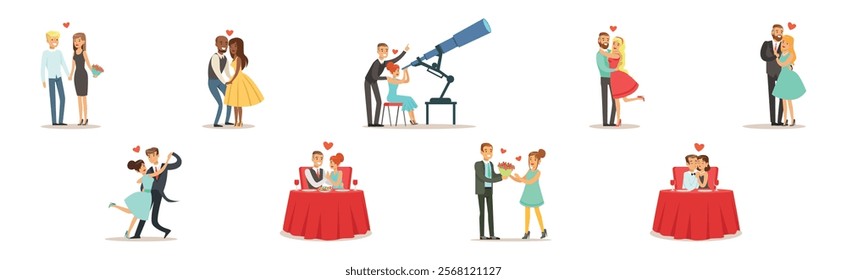 Romantic Couple of Man and Woman Dating Vector Set