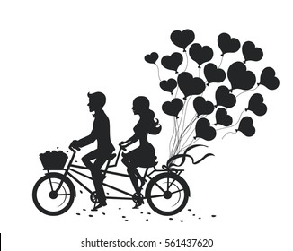 Romantic couple man and woman on a date driving bike with heart balloons silhouette