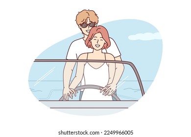 Romantic couple of man and woman at same time control boat holding helm enjoying summer vacation. Guy hugging girlfriend from behind during honeymoon travel by sea in tropical area. Flat vector design