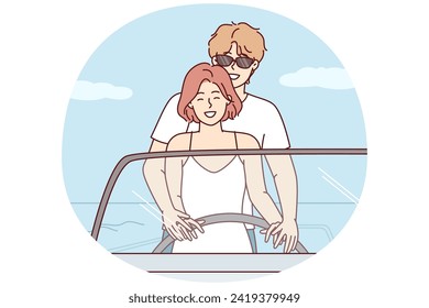 Romantic couple of man and woman at same time control boat holding helm enjoying summer vacation. Guy hugging girlfriend from behind during honeymoon travel by sea in tropical area. Flat vector design