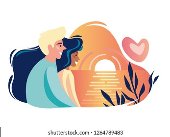 Romantic couple. A man and a woman are watching the sunset on the sea.