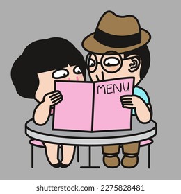 Romantic Couple With Menu At Restaurant Concept Card Character illustration
