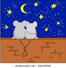 Romantic couple of mice sitting on the wall and looking at the stars
