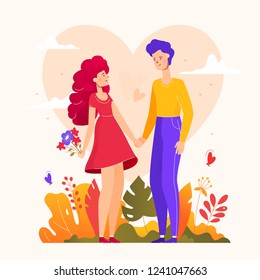 Romantic couple - modern flat design style illustration on white background. High quality colorful composition with male, female characters, boy and girl on a date, holding hands, images of flowers