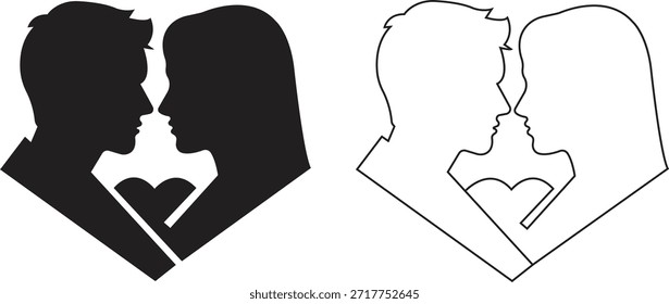 Romântico casal momento plano, conjunto de ícone de linha. Ilustração de vetores gráfico representando homem e mulher coração silhueta perfil face a face amor relacionamento dia dos namorados elementos. Símbolos de namoro de casamento.