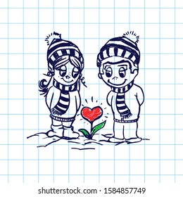 Romantic Couple Near Flower in Heart Shape Them Love. Illustration Suitable For Winter Greeting Card, Poster Or T-shirt Printing on Square Grid Notebook Page