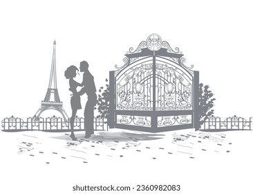 Romántica pareja cerca de la ventana con vistas a la Torre Eiffel. Antecedentes de diseño de viajes para postal, etc.