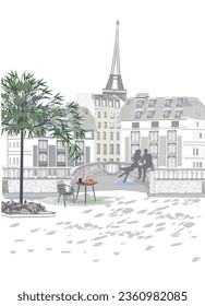 Romantic couple near the window with the view for the Eiffel Tower. Travel design background for postcard etc.