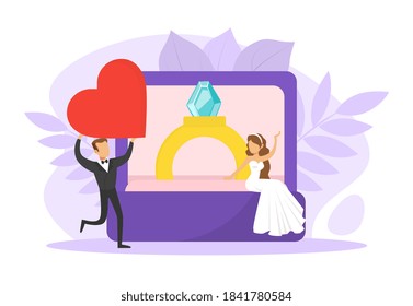 Romantic Couple of Newlyweds, Tiny Bride Sitting on Box with Huge Wedding Ring, Groom Carrying Big Heart Flat Vector Illustration