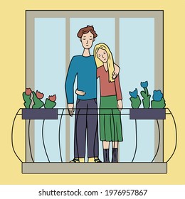 Romantic couple on the balcony of the house. Cute vector characters. Guy and girl in love and hugging. A scene of tenderness and display of feelings. Young traditional family.