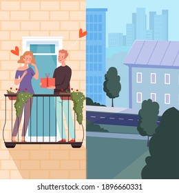 Romantic couple on balcony. Man hold gift, happy girl in love. Funny cartoon vector illustration