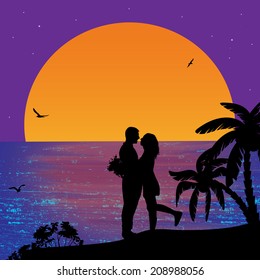 Romantic couple on the beach in beautiful seascape at sunset near ocean, vector illustration