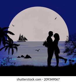 Romantic couple on the beach in beautiful seascape at sunset near ocean, vector illustration