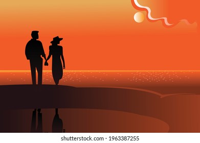 Romantic couple on beach During sunset