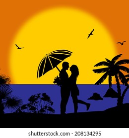 Romantic couple on the beach on sunset, vector illustration