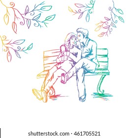 Romantic  couple on a bench in the park. Sketchy style.