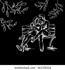 Romantic  couple on a bench in the park. Sketchy style.
