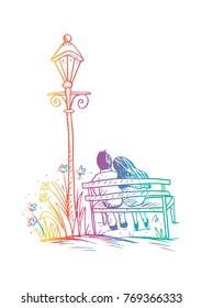 Romantic couple on bench, sketching.