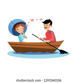 Romantic couple on boat rowing. Woman holding umbrella, man holding wooden paddle. Flat vector design