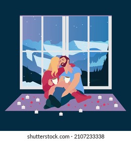 Romantic couple on a date embracing, drinking coffee. Mountain landscape background in window. Vacations in Alps. Editable vector illustraton