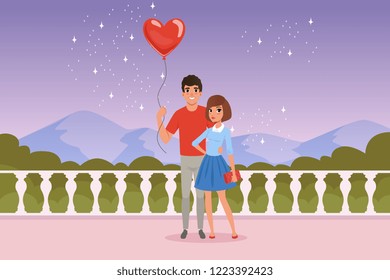 Romantic couple on the date. Man holding balloon in heart shape. Fence, starry sky, mountains and green bushes on background. Valentines Day. Cartoon flat vector design