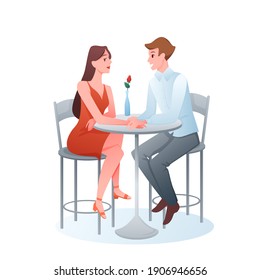 Romantic couple on date vector illustration. Cartoon two adult lovers sitting in restaurant, man woman characters in love holding hands and talking, loving conversation and romance isolated on white