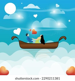 Romantic couple on a dream world floating above sky concept vector illustration.