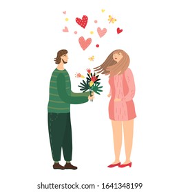 Romantic couple on first date, people in love, valentine day vector illustration. Man and woman cartoon characters, romantic date, flowers and hearts symbols of love. Couple romance, valentine day