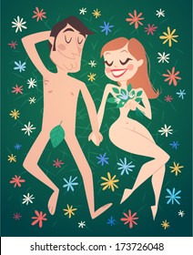 Romantic couple on grass. Vector illustration.