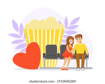 Romantic Couple on Movie Date, Man and Woman Eating Popcorn and watching Movie in the Cinema Vector Illustration