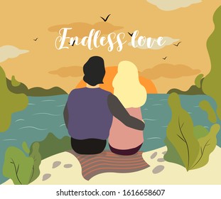 Romantic couple on nature outdoors among river and trees. Boyfriend and girlfriend sit back and hug. Endless love. Vector illustration of lovers, man and woman hugging for card, invitation.