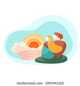 Romantic couple on sunset landscape with sea and yacht. Man and woman on seaside banner template. Romantic vacation together. Honeymoon on tropical seaside concept illustration in flat style