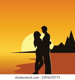 Romantic Couple on Sunset Vector Background Illustration