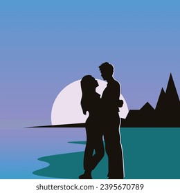 Romantic Couple on Sunset Vector Background Illustration