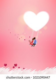 Romantic couple on a swing.  Lover honeymoon vacation summer holidays. Love concept. Happy Valentine's Day wallpaper, poster, card. Vector illustration.