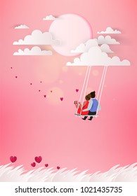 Romantic couple on a swing.  Lover honeymoon vacation summer holidays. Love concept. Happy Valentine's Day wallpaper, poster, card. Vector illustration.
