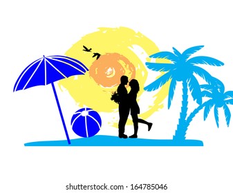 Romantic couple on the tropical  beach, vector illustration