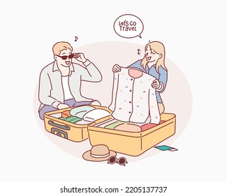 Romantic couple packing clothes into travel bag, preparing for the trip. Hand drawn style vector design illustrations.